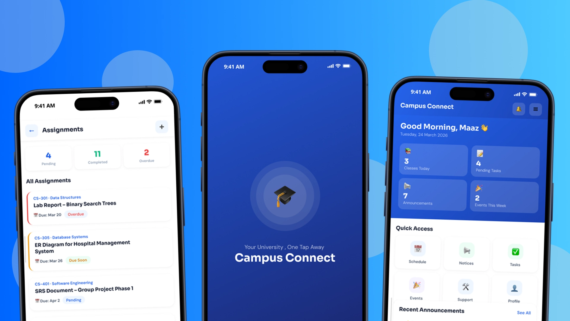Campus Connect mobile app cover showing the dashboard interface